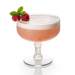 Wall Mural - Boozy pink clover club cocktail. Elegant glass of red alcohol cocktail with raspberry syrup decorated with mint. Refreshing clover club summer cocktail. Realistic 3D illustration. Generative AI