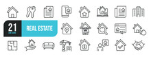 Set Of Line Icons Related To Real Estate, Property, Buying, Renting, House, Home. Outline Icons Collection. Editable Stroke. Vector Illustration.