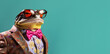 Cool looking frog wearing funky fashion dress - jacket, bowtie, glasses. Wide banner with space for text right side. Stylish animal posing as supermodel. Generative AI