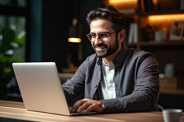 Poster - Smiling middle eastern business man working on laptop at home office. Young indian student or remote teacher using computer remote studying, virtual training, online education webinar at home office