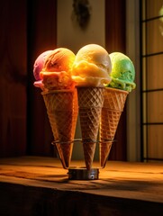 Canvas Print - Three scoops of ice cream sit in a cone. Generative AI.