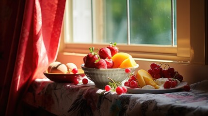 Canvas Print - A bowl of strawberries, oranges and cherries on a table. Generative AI.