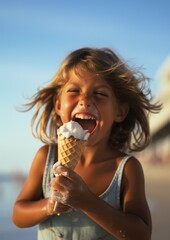 Poster - A little girl eating an ice cream cone on the beach. Generative AI.