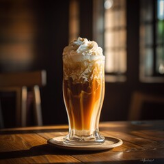 Canvas Print - A tall glass of iced coffee on a wooden table. Generative AI.