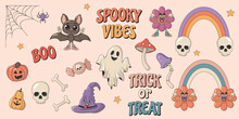 Collection Of Vintage Groovy Halloween Colorful Elements And Characters. Vector Set Of Psychedelic Hippie 70s Style Mushrooms, Spider, Pumpkins, Rainbow, Ghost, Skeleton And Bat.
