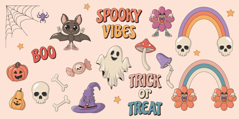 collection of vintage groovy halloween colorful elements and characters. vector set of psychedelic h