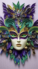 Wall Mural - A colorful mask with feathers on a purple background. Generative AI.