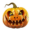 Halloween illustration of a spooky pumpkin Jack O'Lantern transparent background isolated cutout pumpkin head with evil face and sharp teeth scary halloween lantern