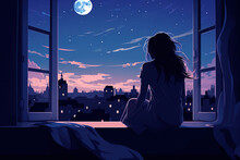 Lonely Anime Girl Sitting On Window And Looking At The Night City And Moon.	