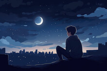 Lonely Anime Boy Looking At The Night City And Moon.	