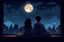 Cute Romantic Couple Sitting On Roof And Looking At The Night City And Moon.	