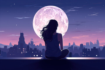 Wall Mural - Lonely anime girl sitting on roof and looking at the night city and moon.	