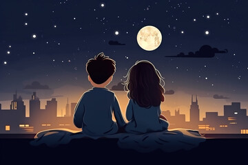 Wall Mural - Cute romantic couple sitting on roof and looking at the night city and moon.	