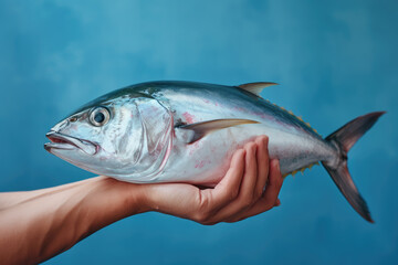 Wall Mural - Hands holding fresh tuna fish on pastel background, fresh food ingredients, Healthy food