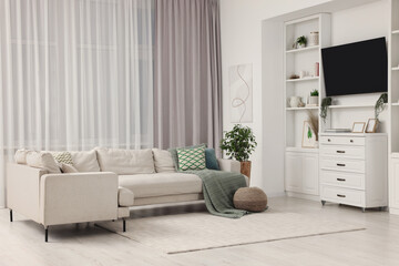 Sticker - Stylish living room interior with comfortable sofa, TV set and houseplant