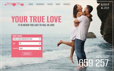 Sticker - Design of interface for online dating site. Home page with photo of happy couple and tabs