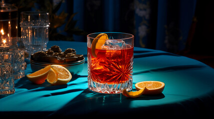 Wall Mural - Tasty Negroni with Gin Campari Vermouth served on a table top ultra detailed studio lights on dark  background product photo for restaurant generative ai