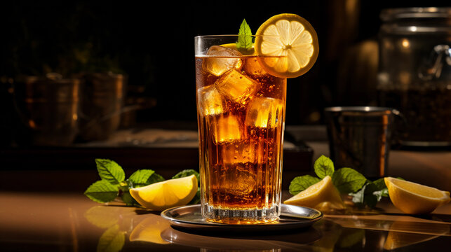 Tasty Long Island Iced Tea with Rum Vodka Gin Tequila Lime Juice Cola served on a table top ultra detailed studio lights on dark  background product photo for restaurant generative ai