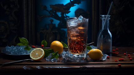 Wall Mural - Tasty Hugo with ice cubes served on a table top ultra detailed studio lights on dark  background product photo for restaurant generative ai