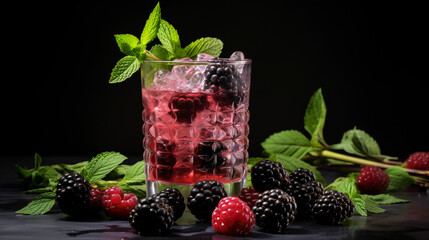Wall Mural - Tasty Bramble with Gin Lemon Juice Simple Syrup Blackberry Liqueur served on a table top ultra detailed studio lights on dark  background product photo for restaurant generative ai