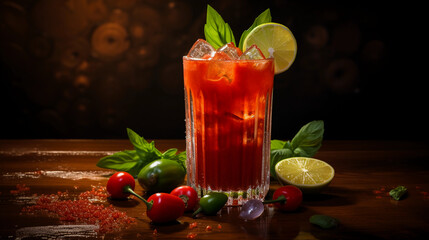 Wall Mural - Tasty Bloody Mary with Vodka Tomato Juice Worcestershire Sauce Tabasco served on a table top ultra detailed studio lights on dark  background product photo for restaurant generative ai