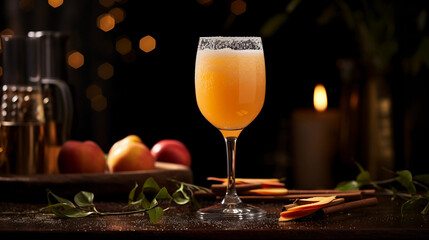 Wall Mural - Tasty Bellini with Prosecco Peach Puree served on a table top ultra detailed studio lights on dark  background product photo for restaurant generative ai