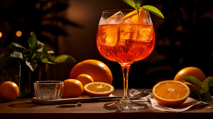 Wall Mural - Tasty Aperol Spritz with Aperol Prosecco Soda Water Orange Slice served on a table top ultra detailed studio lights on dark  background product photo for restaurant generative ai