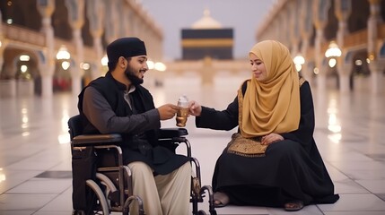 Wall Mural - Muslim couples with dissability sitting in wheelchair and holding Quran with view of Kaaba