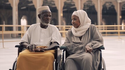 Wall Mural - Muslim couples with dissability sitting in wheelchair and holding Quran with view of Kaaba