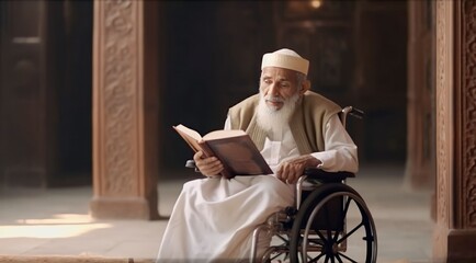 Wall Mural - Muslim old man with dissability sitting in wheelchair and holding Quran with view of Kaaba