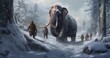 Woolly mammoth traveling with cave men