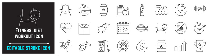 Fitness Thin Line Icons, Icon includes Healthy, Sleep, Diet Plan, Sports Supplements, and More. Lifestyle Editable Stroke Icon