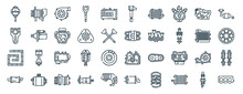 Set Of 40 Outline Web Car Engine Icons Such As Alternator, Rod, Chain, Muffler, Radiator, Exhaust, Coil Icons For Report, Presentation, Diagram, Web Design, Mobile App