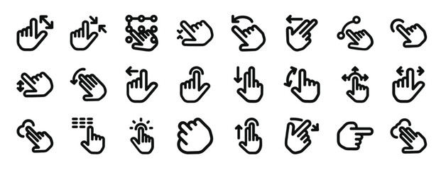 set of 24 outline web touch gestures icons such as zoom in, zoom out, keypad, zoom out, rotate, swip