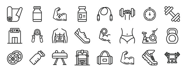 set of 24 outline web gym icons such as yoga mat, protein powder, power, vitamins, jump rope, dumbbe