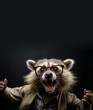 Portrait of cool hipster raccoon in sunglasses in stylish leather jacket and showing thumbs up with joy on black solid studio background, vertical banner, empty place for text, copy paste