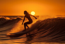 Horizontal Banner Silhouette Of Single Female Woman Surfer Surfing Waves On His Surfboard During Sunset Or Sunrise. People Water Sport Lessons Beach Swimming Activity On Summer Vacation. Generative AI
