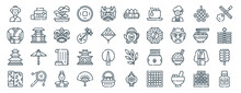 Set Of 40 Outline Web China Icons Such As Ink, Kimono, Building, Silk, Noodles, Erhu, Dim Sum Icons For Report, Presentation, Diagram, Web Design, Mobile App