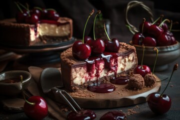 Wall Mural - Cheesecake with chocolate and cherries, a gourmet summer treat. Generative AI