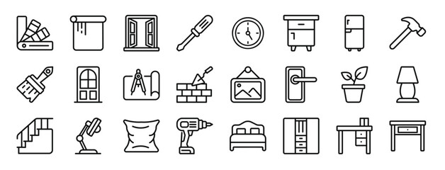 set of 24 outline web interior design collection.icons icons such as pantone, blind, window, screwdriver, clock, bedside, fridge vector icons for report, presentation, diagram, web design, mobile