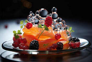 close up of gourmet dessert, 3d molecular food composition, haute cuisine dish, superfood based on micro elements, bio design, fashionable aesthetic kitchen, blackberries and raspberries fruits