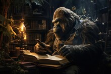 Gorilla Reading Book In Library