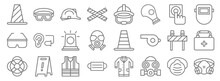 Rescue And Protective Line Icons. Linear Set. Quality Vector Line Set Such As Safety Mask, Gas Mask, Medical Mask, Life Buoy, Road Block, Siren, Welding Helmet, Safety Goggles