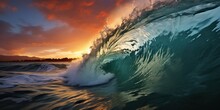 Breaking Curling Wave At Sunset, Generative Ai