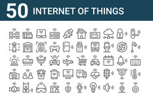 Set Of 50 Internet Of Things Icons. Outline Thin Line Icons Such As Turn On, Smart Meter, Camera, Siren, Home Control, High Speed Train, Shopping Cart