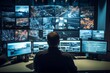 A vigilant security guard attentively monitors numerous CCTV feeds in a control room, ensuring the safety and protection of the premises with unwavering focus and professionalism. Generative AI