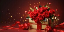 Vibrant Red Roses Bouquet With Golden Elements And A Gift Box On A Festive Background. Perfect For Valentine's Day And Women's Day Greetings. Generative AI