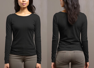 Wall Mural - Woman wearing a black T-shirt with long sleeves. Front and back view