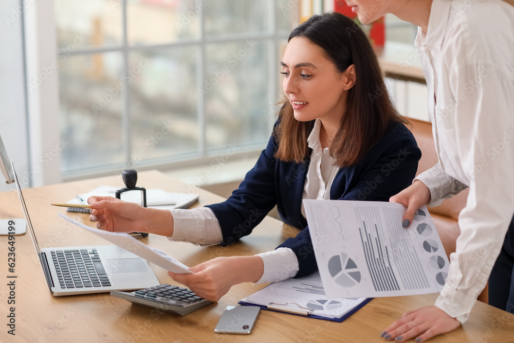 Female accountant working with colleague at table in office