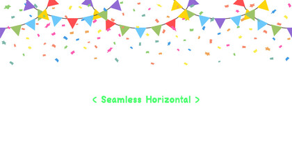 Wall Mural - Seamless Horizontal Celebrate Colorful flag garlands with confetti party isolated on white background. Birthday, Christmas, anniversary, and festival concepts. Vector illustration flat cartoon design.